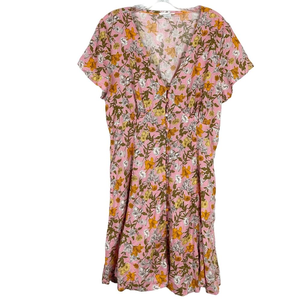 NWOT CYNTHIA ROWLEY Dress 14~L Linen Floral Pink V-Neck Buttons Short-Sleeve
